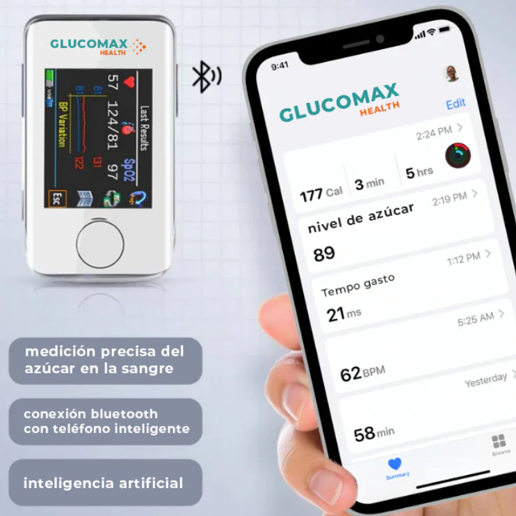 Glucomax en el dedo con el celular al lado mostrando un gráfico del aplicativo
